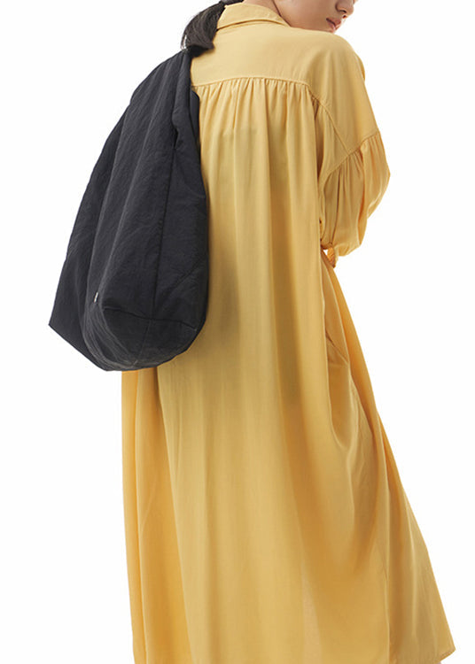 Elegant Yellow Peter Pan Collar Button Holiday Long Shirts Dress Summer