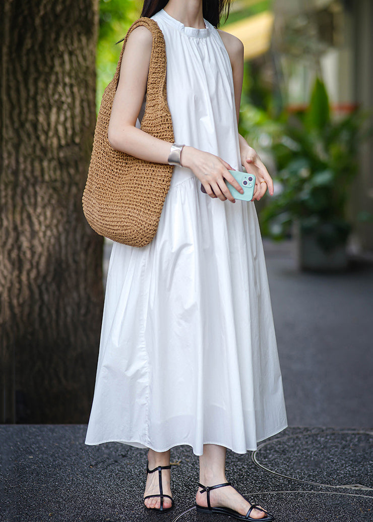 Elegant Yellow Pockets Solid Cotton Long Dress Sleeveless