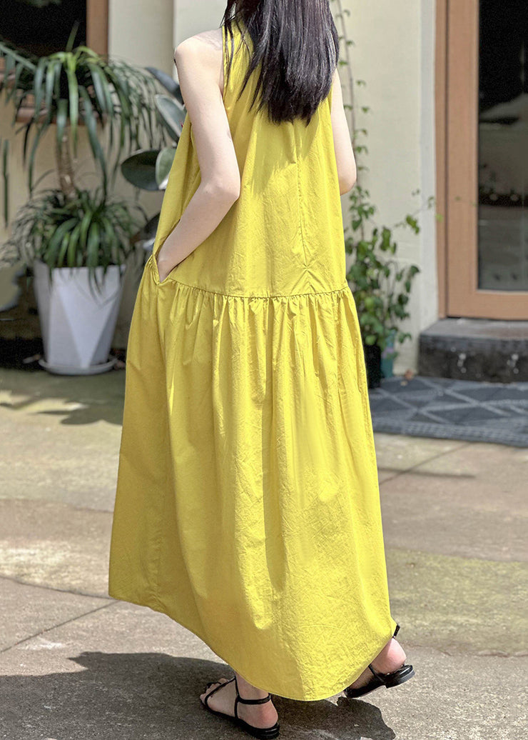 Elegant Yellow Pockets Solid Cotton Long Dress Sleeveless