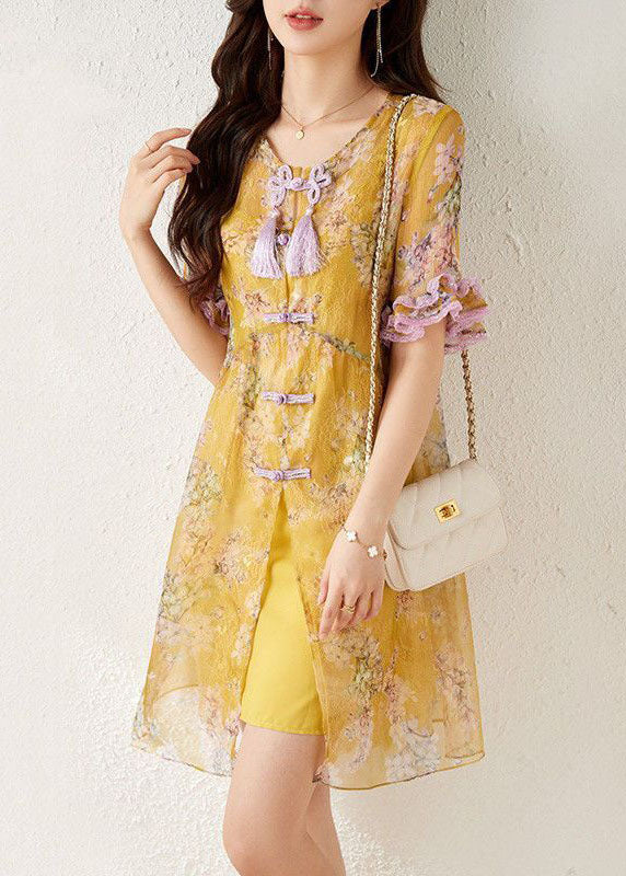 Elegant Yellow Print Chinese Button Tassel Silk Mid Dresses Summer