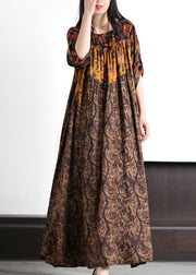 Elegant Yellow Print Wrinkled Silk Long Dress Summer