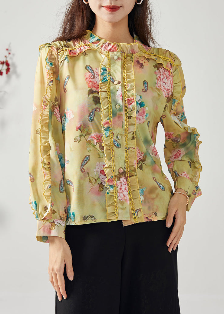 Elegant Yellow Ruffled Patchwork Print Chiffon Top Spring