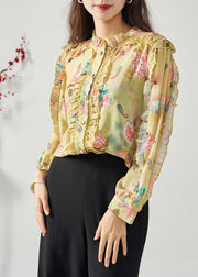 Elegant Yellow Ruffled Patchwork Print Chiffon Top Spring