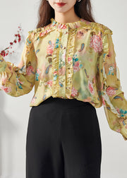 Elegant Yellow Ruffled Patchwork Print Chiffon Top Spring