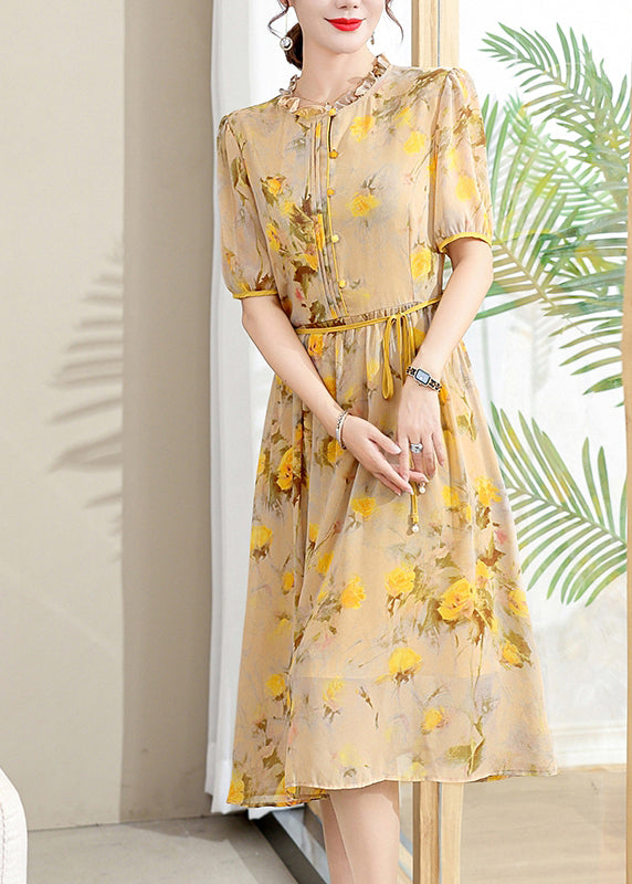 Elegant Yellow Ruffled Print Lace Up Chiffon Dresses Summer