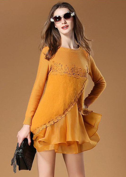 Elegant Yellow Side Open Organza Patchwork Fuzzy Fur Fluffy Mini Dresses Spring