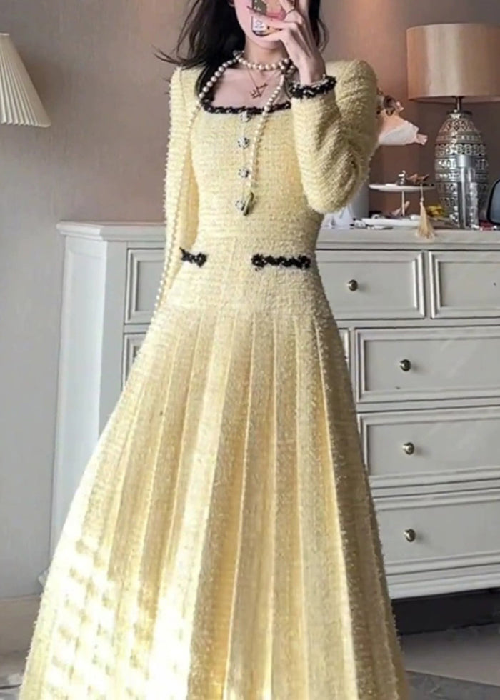 Elegant Yellow Square Collar Solid Pleated Dresses Fall