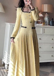 Elegant Yellow Square Collar Solid Pleated Dresses Fall