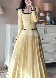 Elegant Yellow Square Collar Solid Pleated Dresses Fall