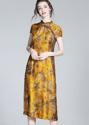 Elegant Yellow Stand Collar Patchwork Side Open Silk Dress Summer