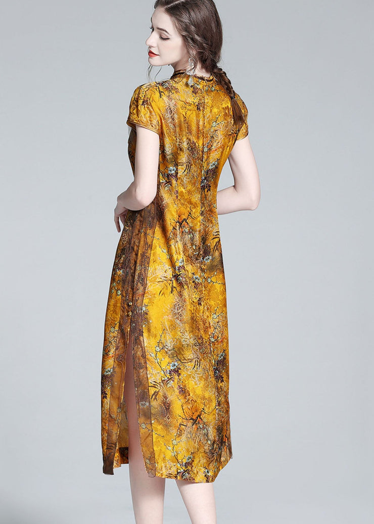 Elegant Yellow Stand Collar Patchwork Side Open Silk Dress Summer