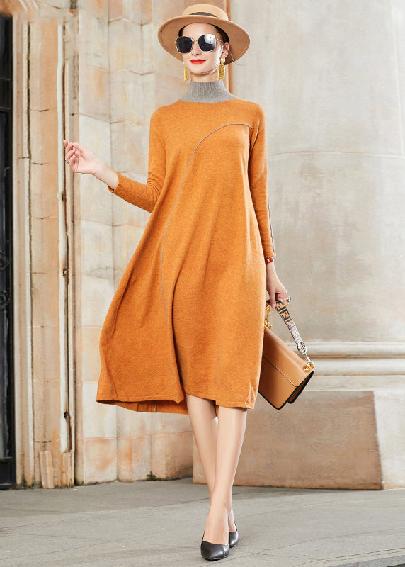 Elegant Yellow Stand Collar Patchwork Woolen Dresses Fall