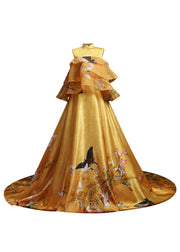 Elegant Yellow Stand Collar Print Ruffled Silk Maxi Dresses Sleeveless