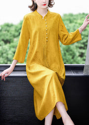 Elegant Yellow Stand Collar Tassel Button Silk Long Dresses Long Sleeve