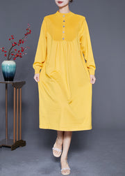 Elegant Yellow Stand Collar Wrinkled Knit Long Dress Spring