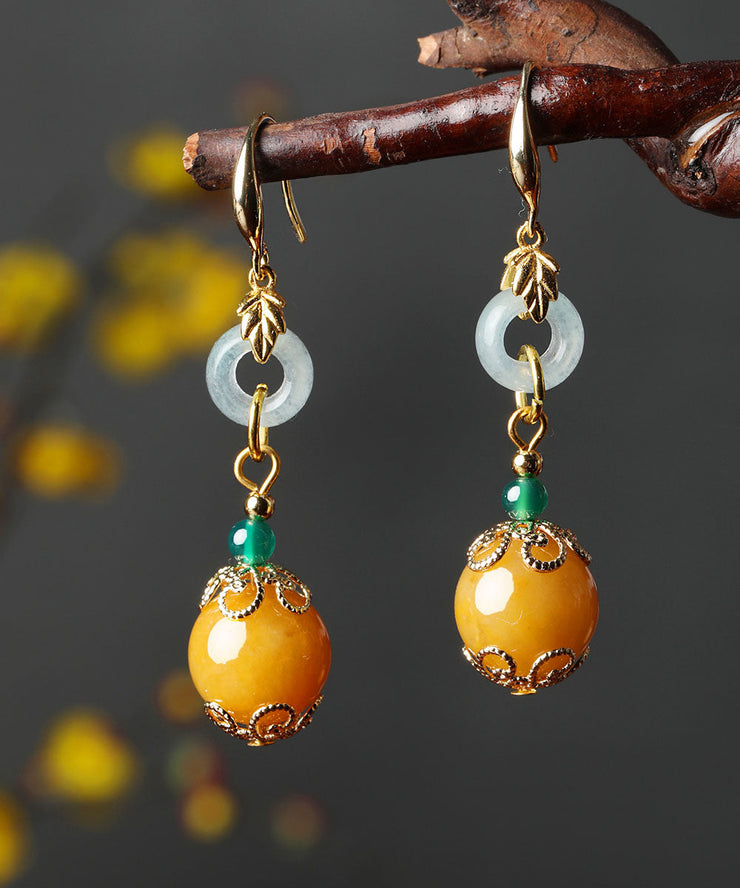 Elegant Yellow Sterling Silver Overgild Jade Drop Earrings