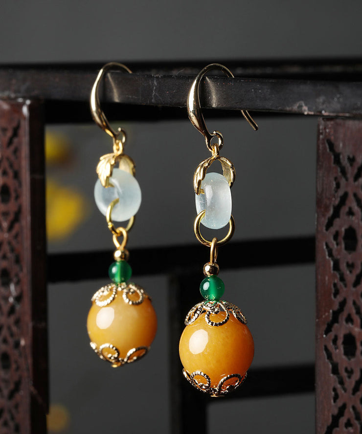 Elegant Yellow Sterling Silver Overgild Jade Drop Earrings