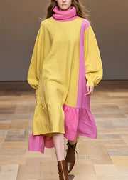 Elegant Yellow Turtleneck Patchwork Cotton Dress Long Sleeve