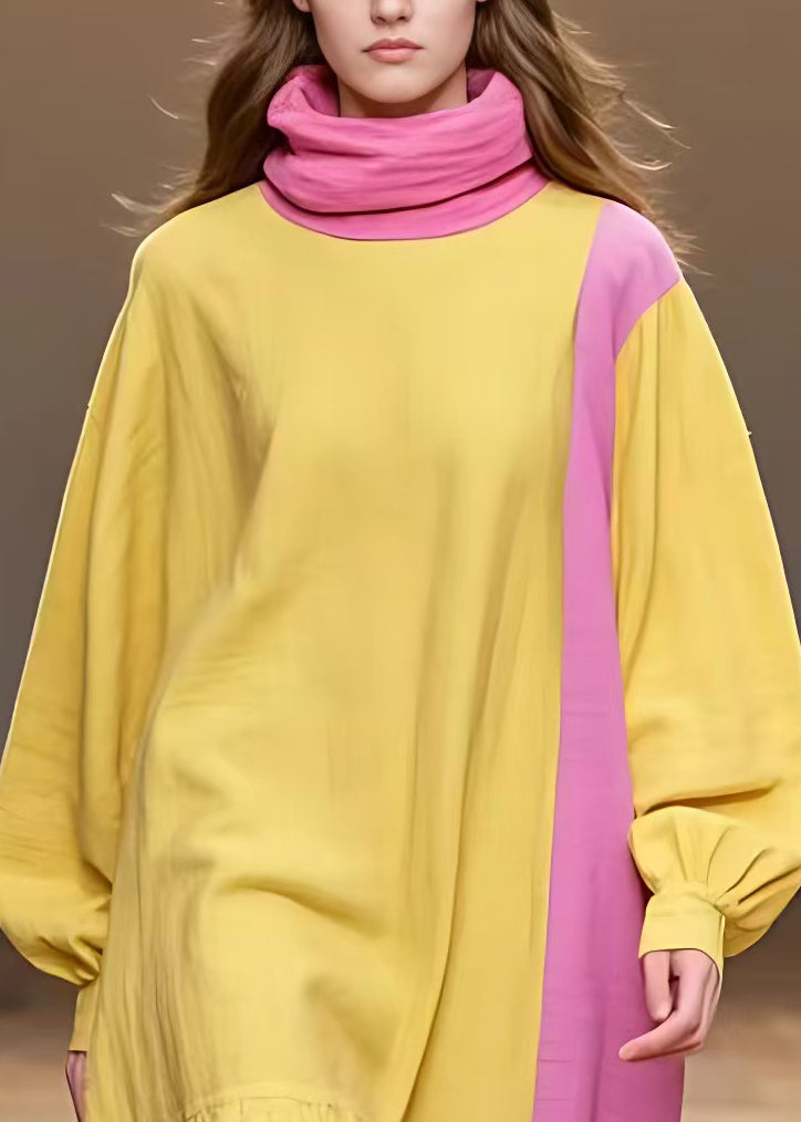 Elegant Yellow Turtleneck Patchwork Cotton Dress Long Sleeve