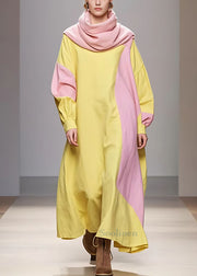 Elegant Yellow Turtleneck Patchwork Cotton Robe Dresses Long Sleeve