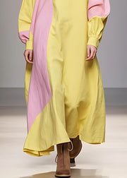 Elegant Yellow Turtleneck Patchwork Cotton Robe Dresses Long Sleeve