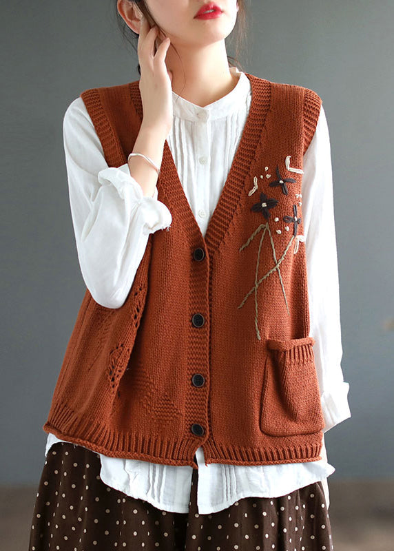 Elegant Yellow V Neck Button Patchwork Cotton Knit Waistcoat Sleeveless