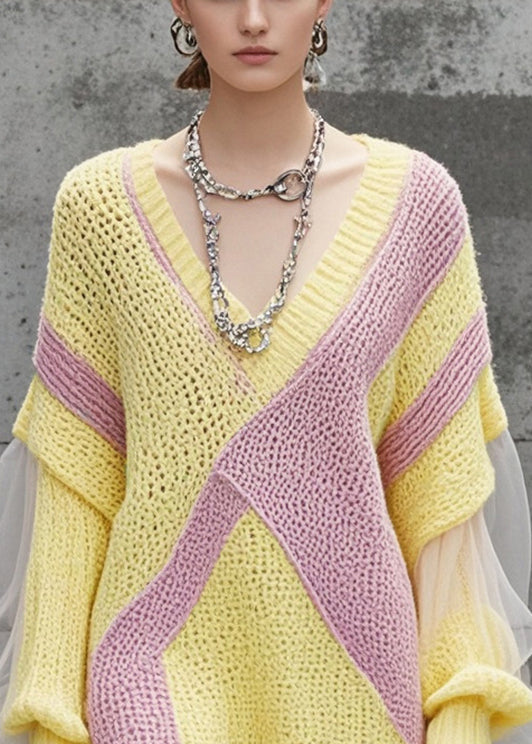 Elegant Yellow V Neck Patchwork Tulle Knitwear Dress Fall