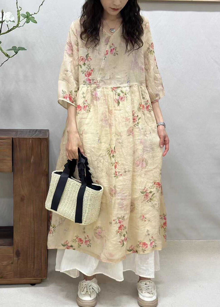 Elegant Yellow V Neck Print Linen Long Dresses Half Sleeve