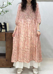 Elegant Yellow V Neck Print Linen Long Dresses Half Sleeve