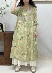 Elegant Yellow V Neck Print Linen Long Dresses Half Sleeve