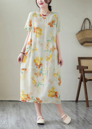 Elegant Yellow V Neck Print Patchwork Cotton Dress Summer