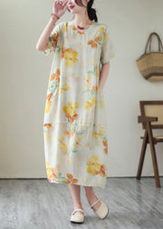 Elegant Yellow V Neck Print Patchwork Cotton Dress Summer