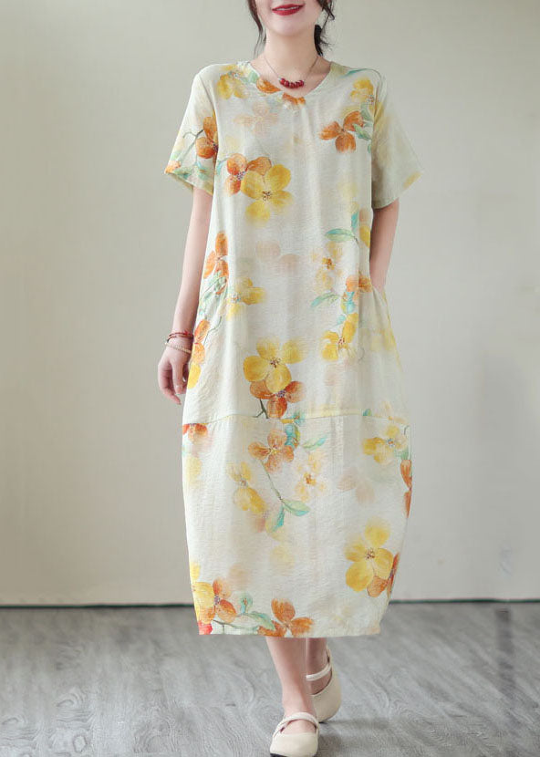 Elegant Yellow V Neck Print Patchwork Cotton Dress Summer