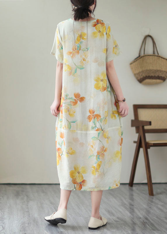 Elegant Yellow V Neck Print Patchwork Cotton Dress Summer