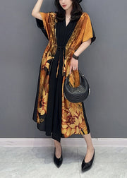 Elegant Yellow V Neck Print Wrinkled Drawstring Patchwork Silk Dress Summer