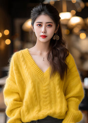 Elegant Yellow V Neck Solid Cotton Knit Sweaters Winter