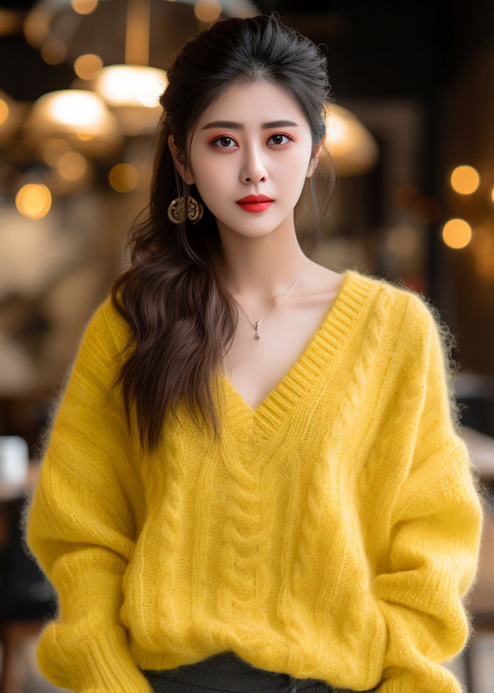 Elegant Yellow V Neck Solid Cotton Knit Sweaters Winter