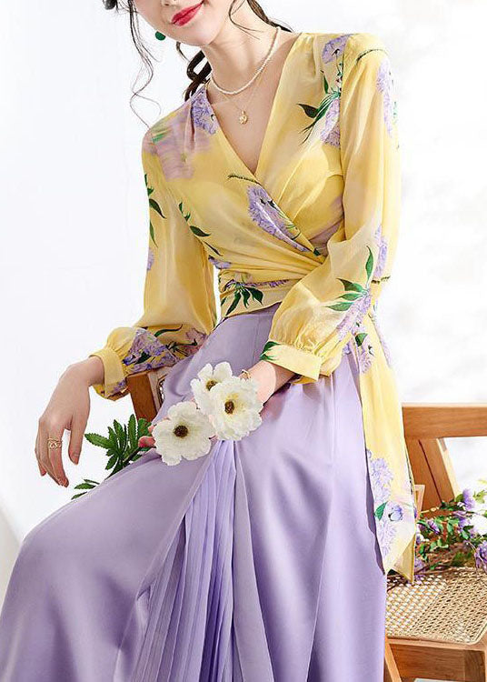 Elegant Yellow V Neck Wrinkled Print Patchwork Chiffon Top Spring