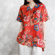 Elegant red pure linen tops Loose fitting traveling clothing New short sleeve prints linen clothing tops