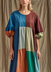 Ethnic Style Colorblock Puff Sleeve Cotton Long Dress