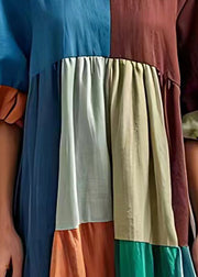 Ethnic Style Colorblock Puff Sleeve Cotton Long Dress