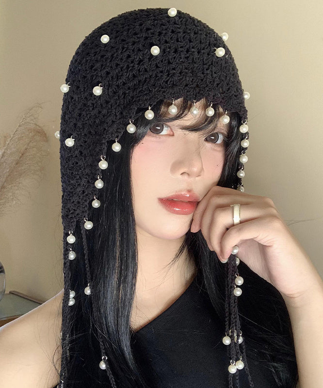 Ethnic Style Hollow Out Pearl Tassel Knitted Boonie Hat