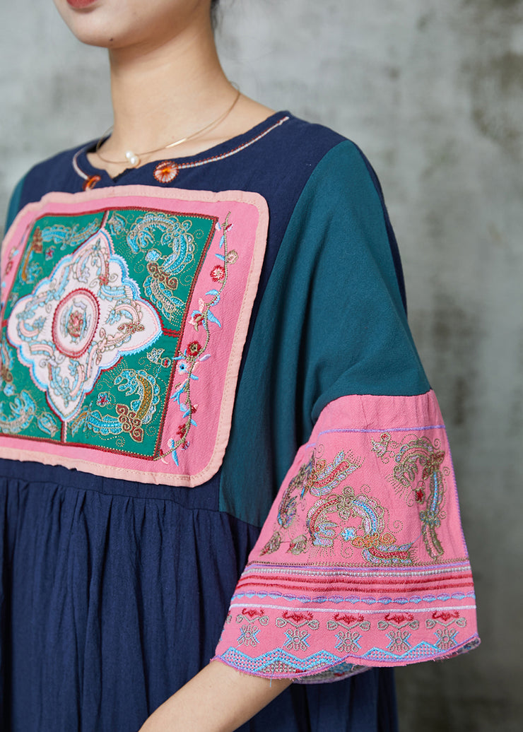 Ethnic Style Navy Embroidered Patchwork Linen Dresses Summer