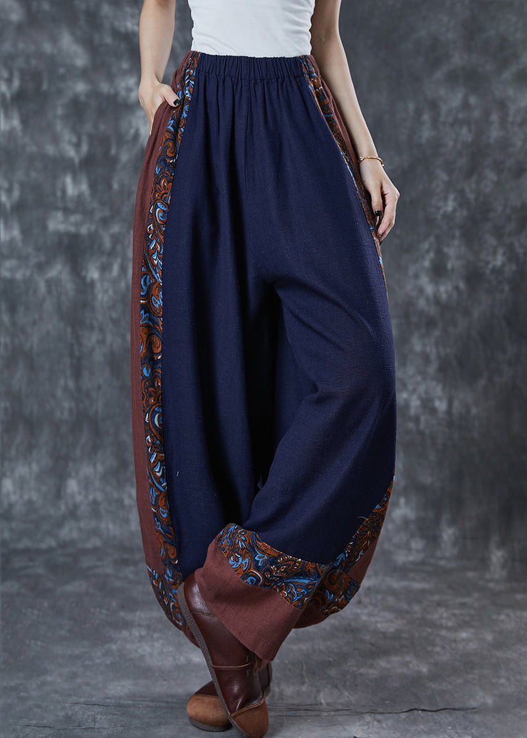 Ethnic Style Navy Oversized Patchwork Cotton Pants Summer