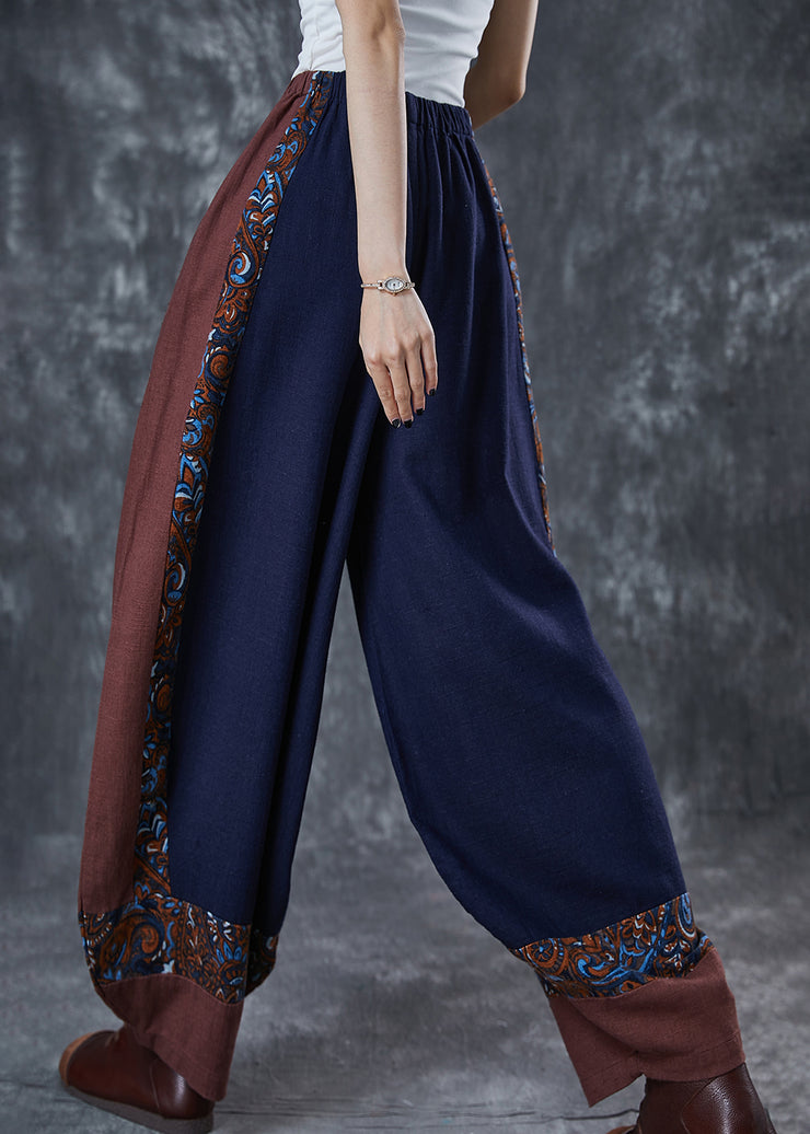 Ethnic Style Navy Oversized Patchwork Cotton Pants Summer