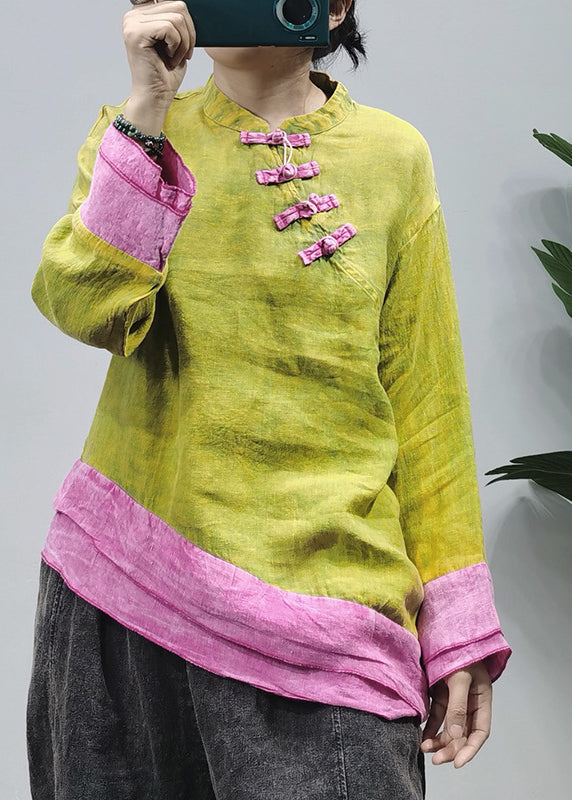 Ethnic Style Red Stand Collar Asymmetrical Patchwork Linen Shirt Top Long Sleeve