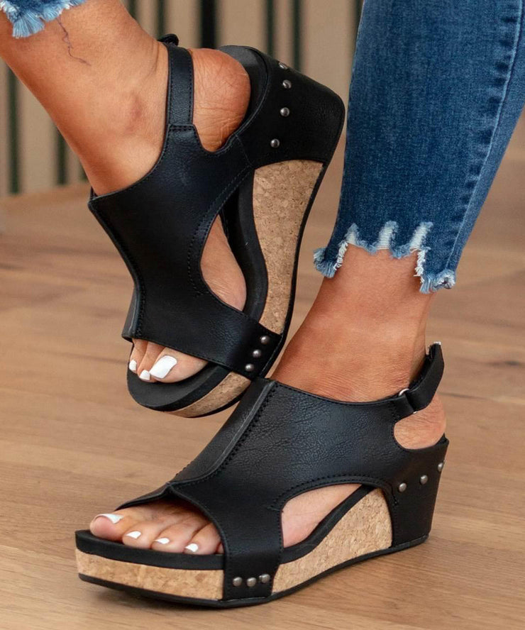 European American Style Black Splicing Wedge Sandals Hollow Out Peep Toe