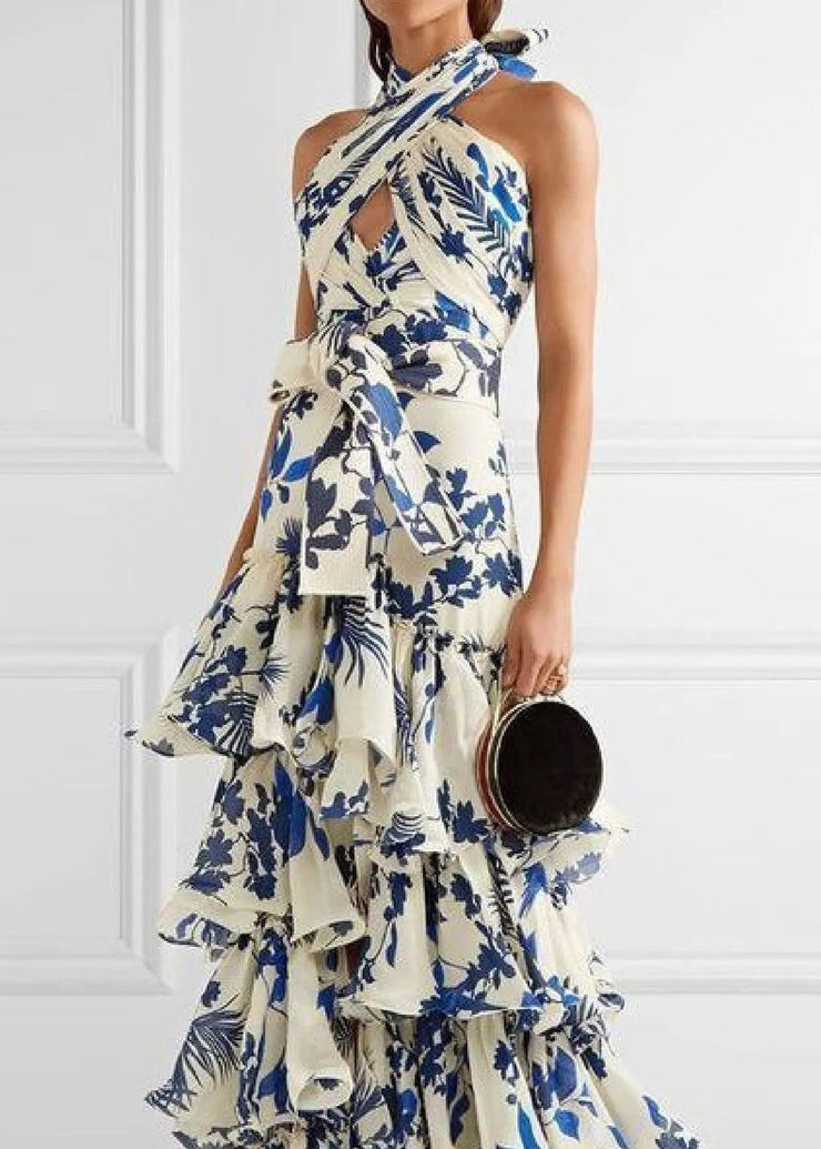 European And American Bohemian Vacation Style Ruffled Print Dress Sleeveless