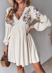 European And American Style Apricot Embroidered Cotton Mid Dress Long Sleeve