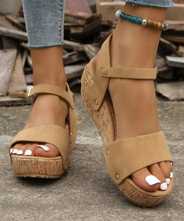 European And American Style Wedge Sandals Khaki Faux Leather